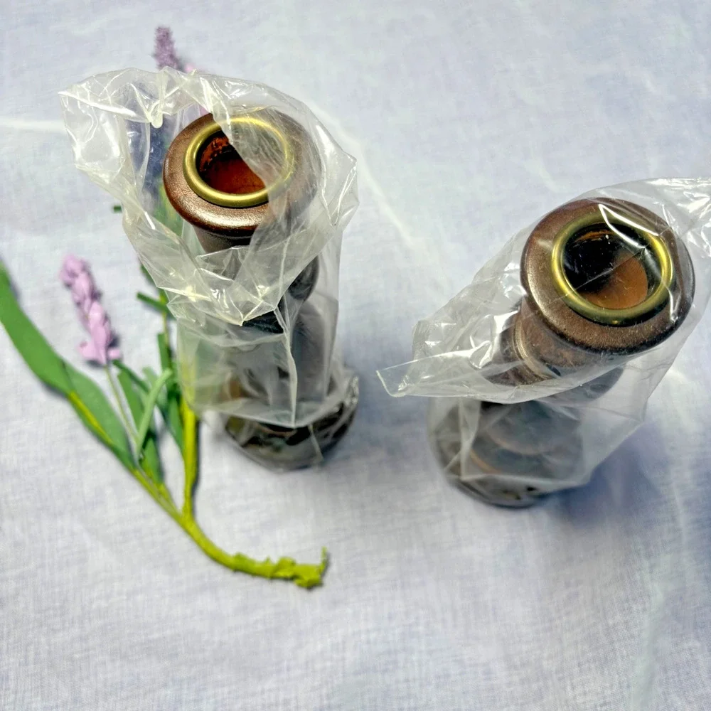 Vintage (NIB) Solid Brass and Spun Wood Candlestick Holder 7” Set of 2 Rustic